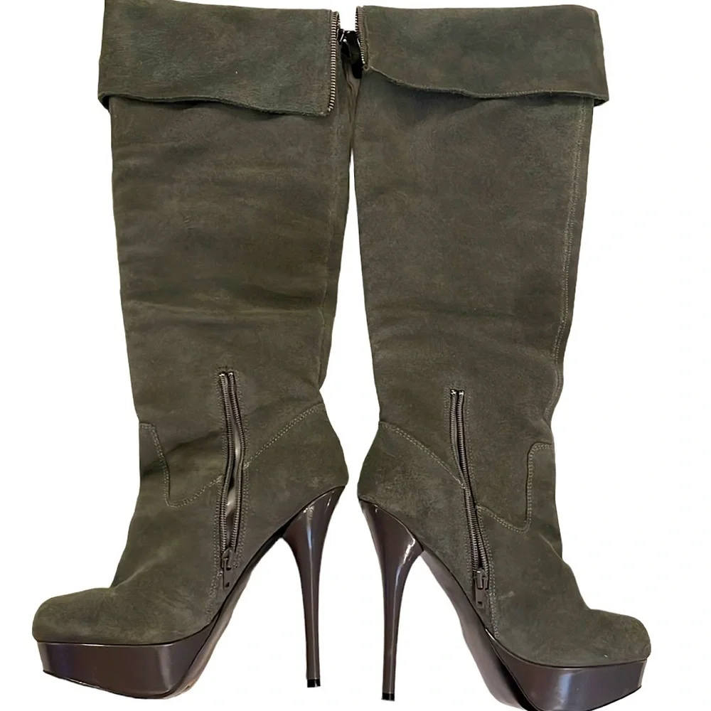 Steve Madden Boots ‘Calgarry’ Vintage Grey Suede Over-the-Knee Platforms - EUC